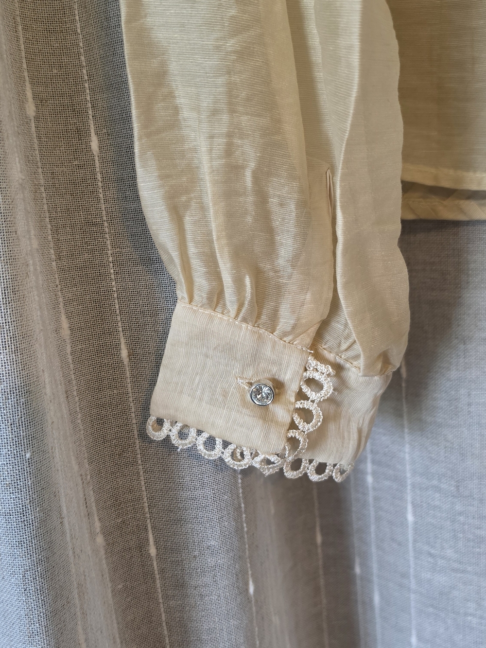 Lulu's Lace-Trim Bow Tie Button Front Blouse - Cream - Picture 8 of 10